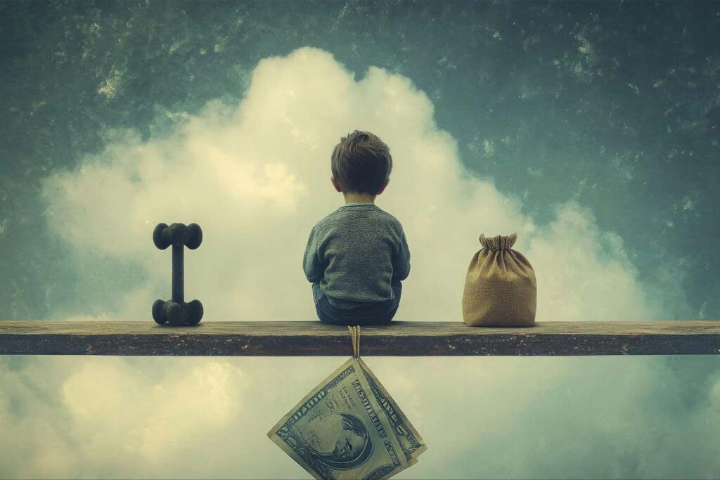 Conceptual image showing childhood beliefs shaping adult money mindset and financial growth.
