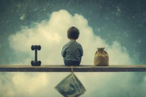 Conceptual image showing childhood beliefs shaping adult money mindset and financial growth.